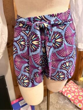Zara Purple & Light Blue High-Waist Tie-Front Printed Shorts